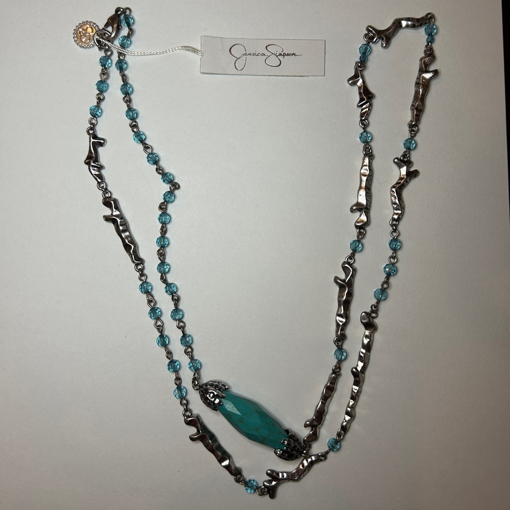 Jessica Simpson Unbalanced Nature Silver & Turquoise Necklace, NWT